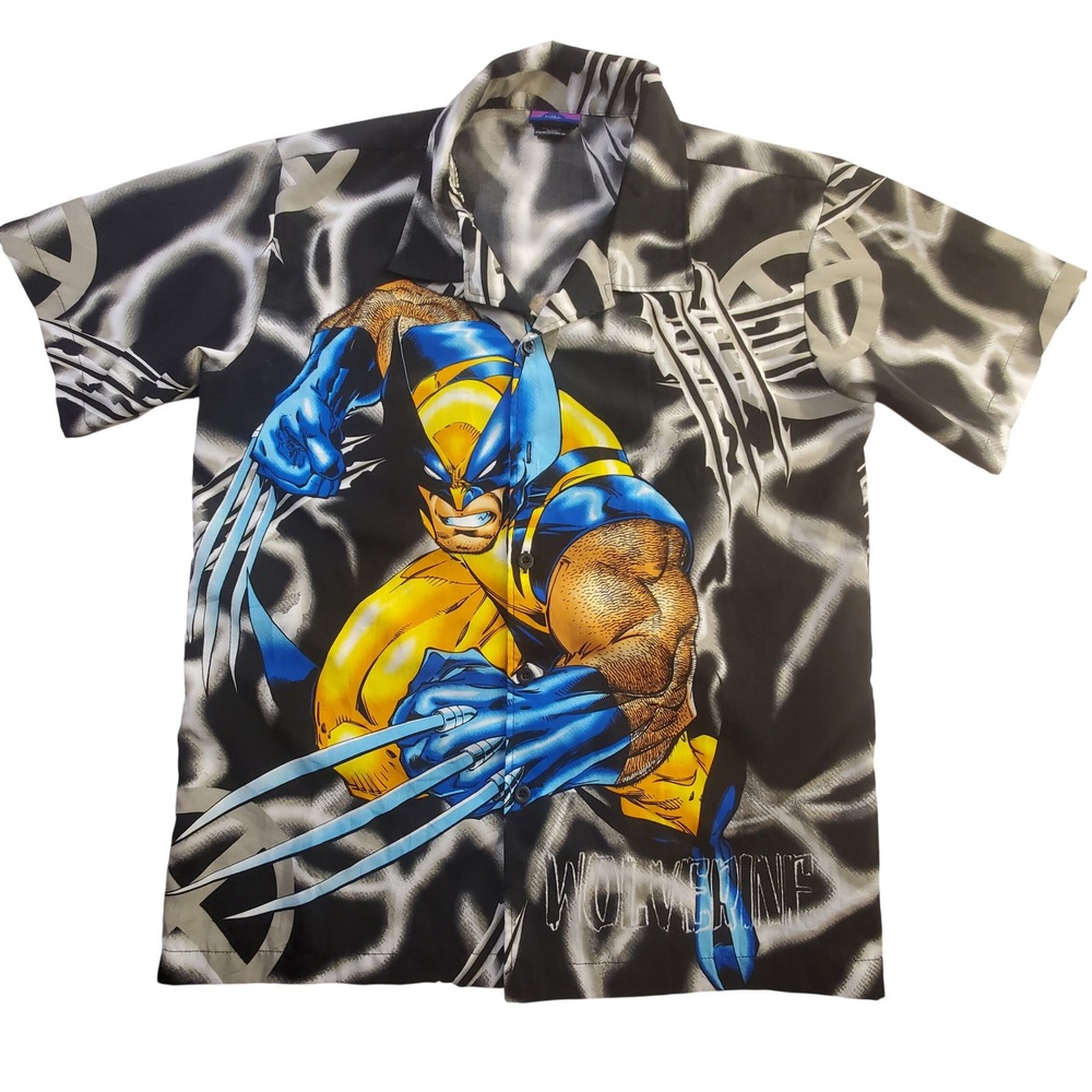 Vintage X-Men Wolverine Marvel AOP Button Up Shirt Blue Grey Y2K Mens XL